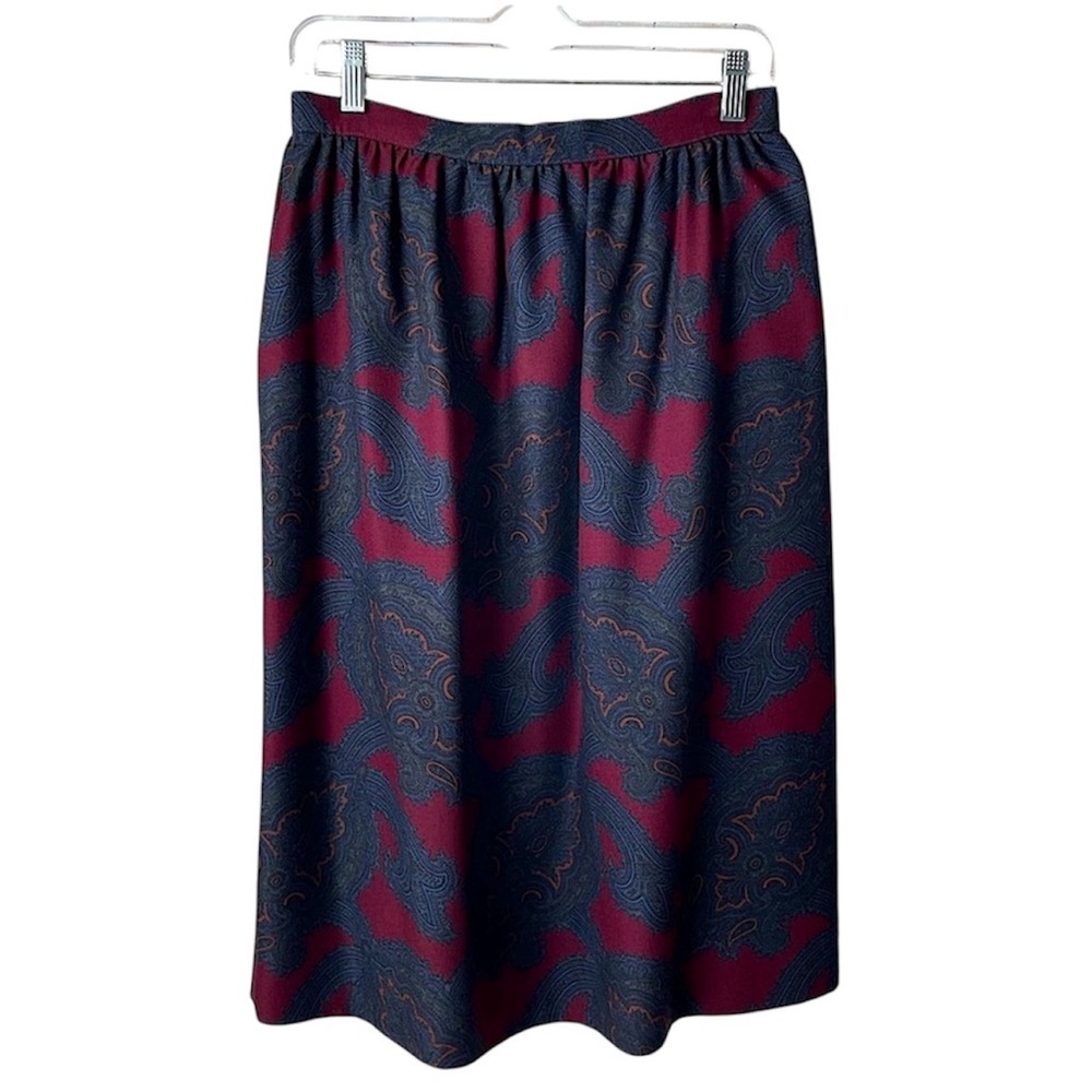 Vintage Wool Paisley Midi Skirt Burgundy Blue Green Pockets Size 10